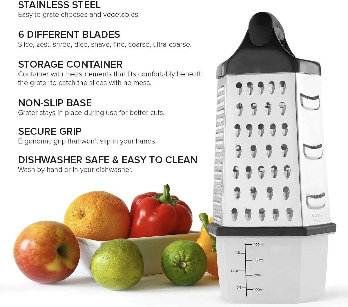 New Design 6 Sides Stainless Steel Cheese Grater with Container Box
