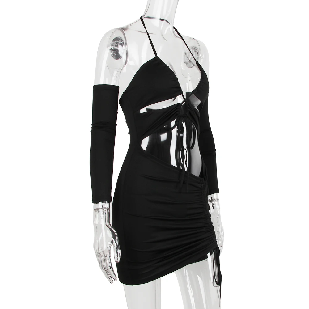 Summer Women Halter Long Sleeve Mesh Split Bandage Hollow Out Mini Dress 2 Piece Set Women Skirt Sets