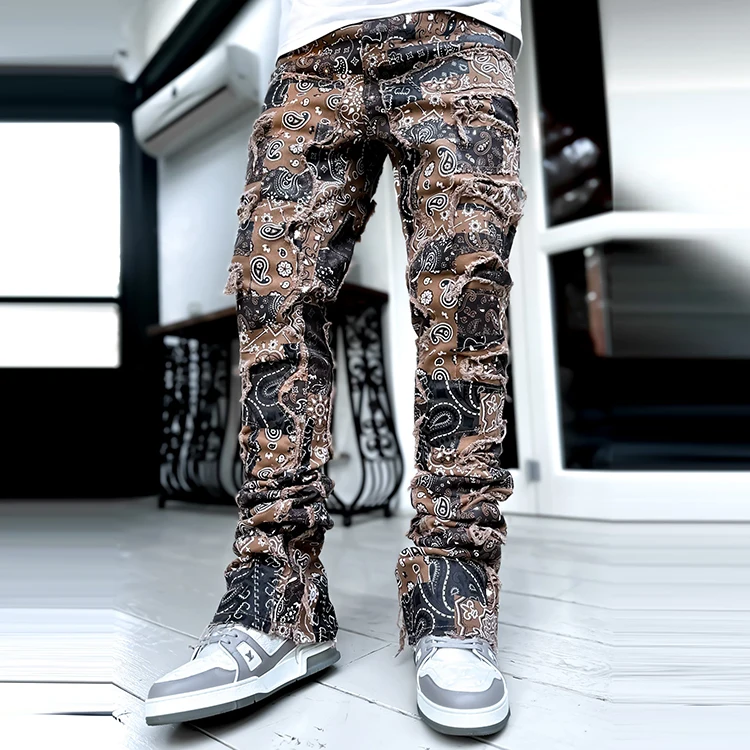 Fashion Vintage Wash Stacked Jeans Men Digital Screen Print Jeans For Man