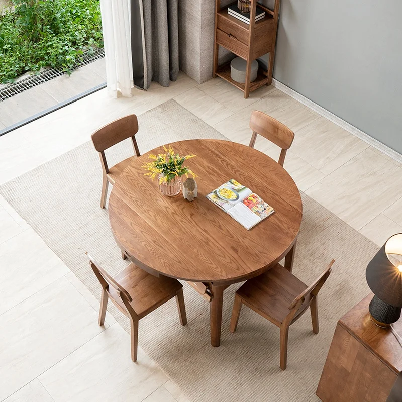 American Retro Wood Furniture Family Dinner Retractable Folding Transform Wooden Dining Room Table