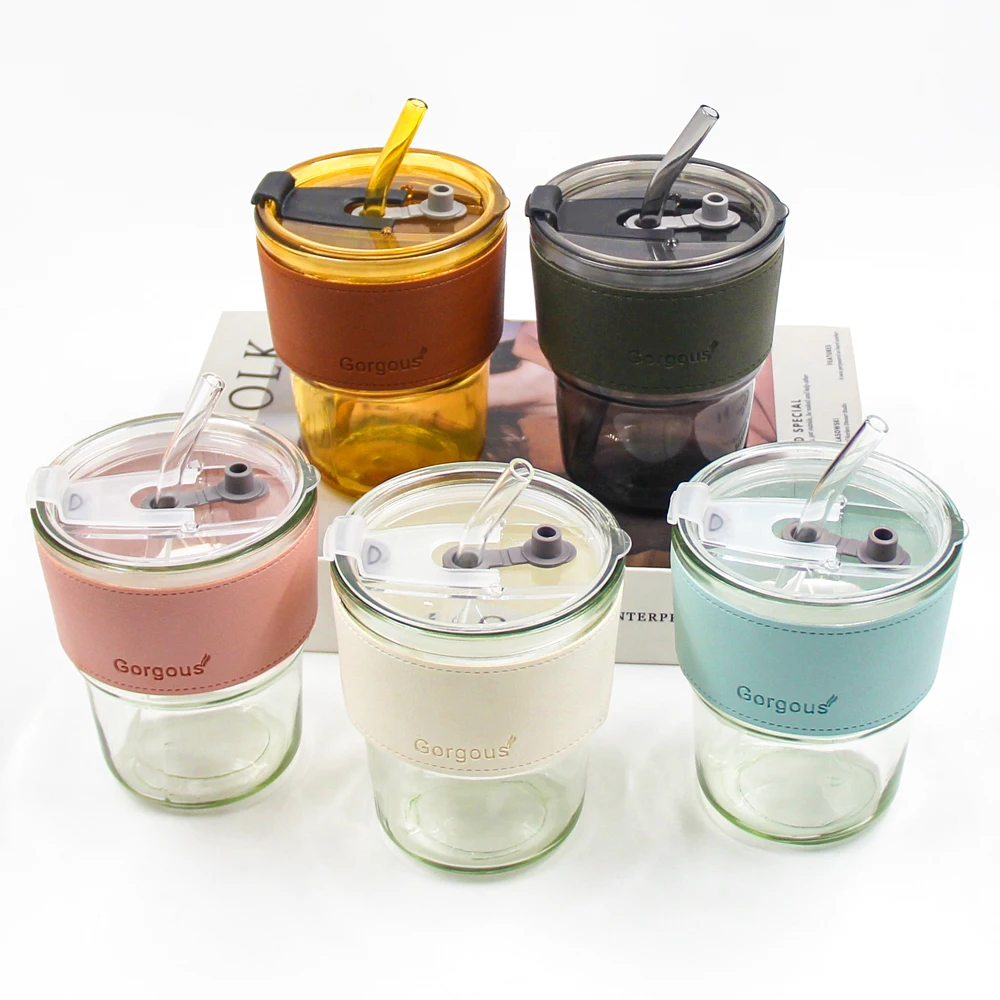 Vintage Bamboo Design Mug Thicken Tea Coffee Dome Amber Water Glass Cup with Lid Straw and Cup Sleeve