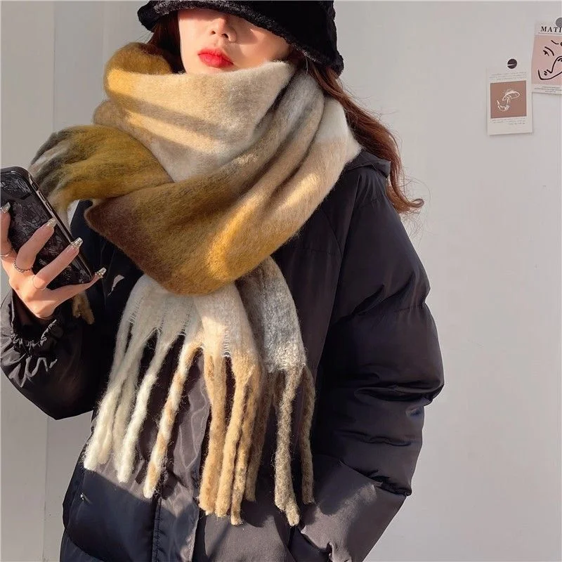 Autumn Winter Women Colorful Fluffy Scarf Large Thicken Mohair Plaid Cashmere Scarf