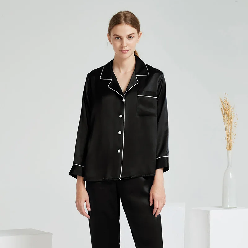 2024 Fashion Breathable 100% Mulberry silk Pajamas Customized Silk Shirt and Pants Long Sleeve Sexy Silk Sleepwear