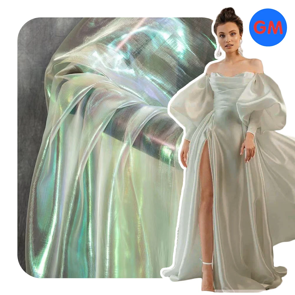 Guangmang Cloth silk Organza satin 100%polyester Magic Rainbow Laser Gradient Organza Fabric
