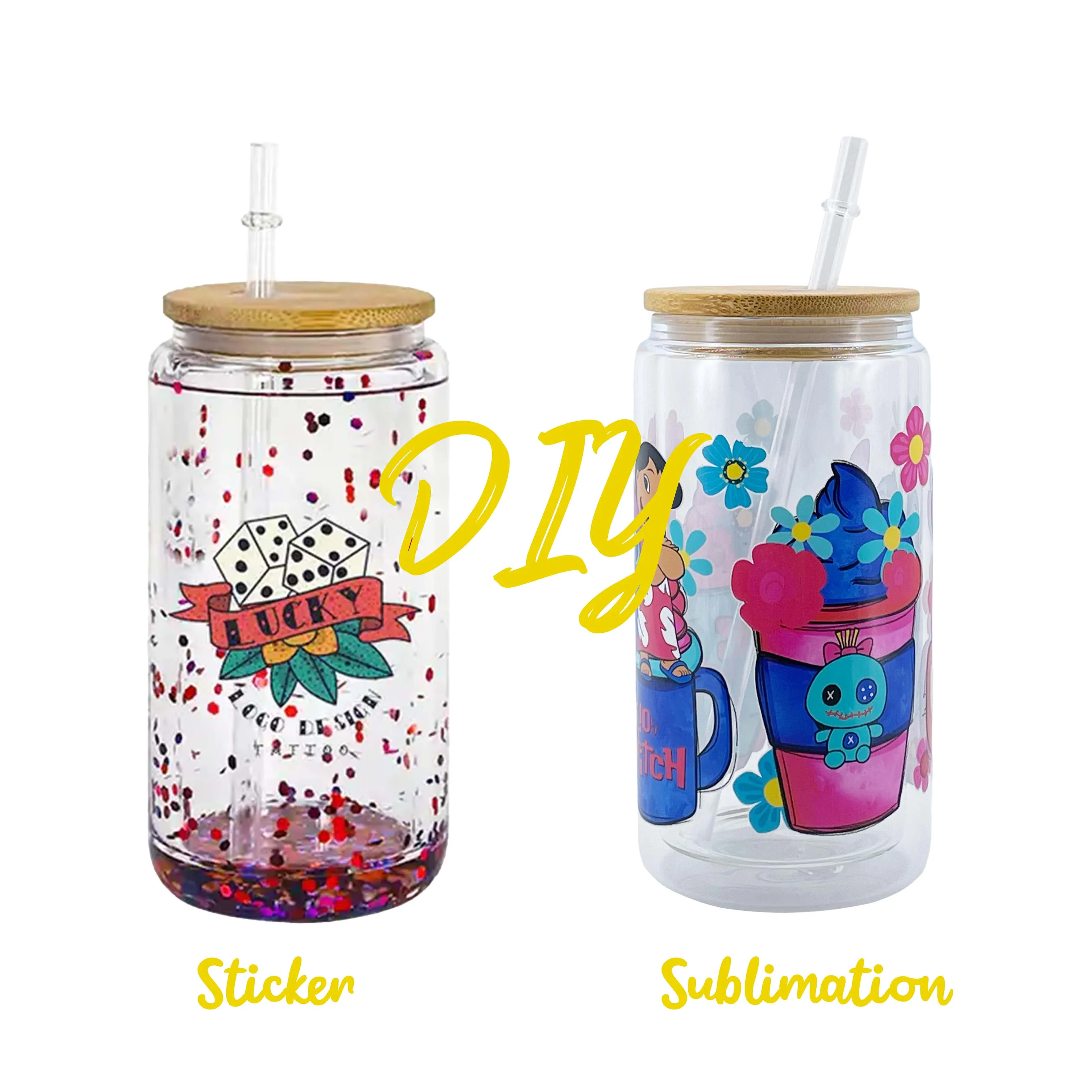 2024 Wholesale 16oz Glassware Tea Coffee Libby Beer Can Shaped Double Wall Sublimation Glass Can Cup with Bamboo Lid and Straw