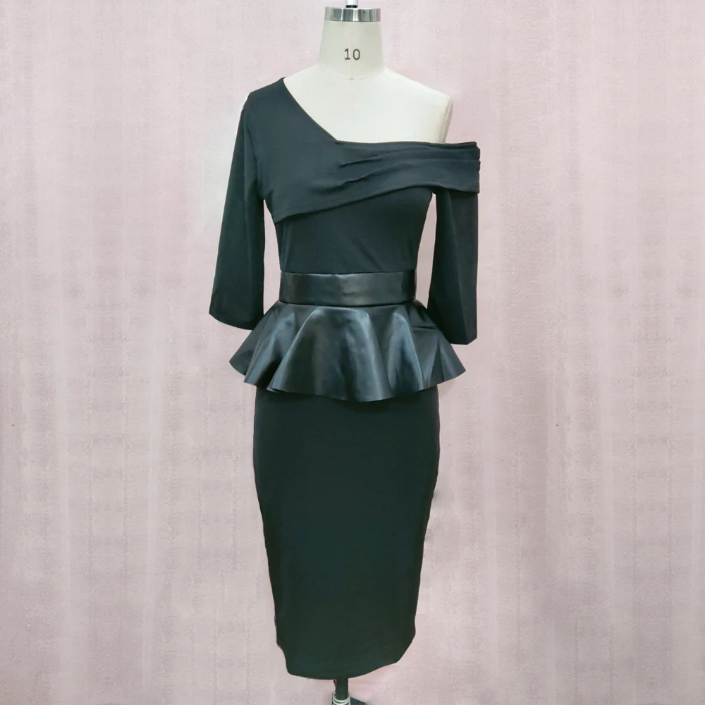 Sexy Off Shoulder Peplum Patchwork PVC Bodycon Women Party Club Dress