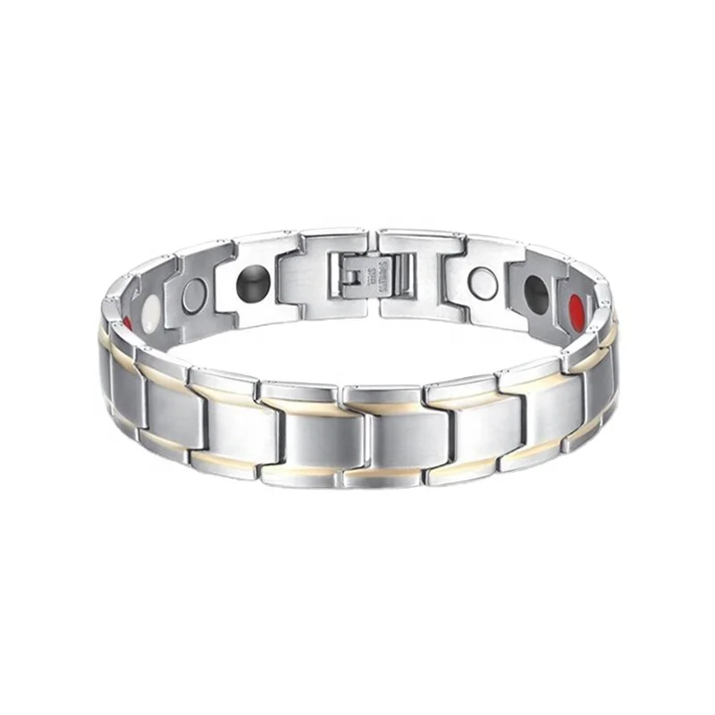 gold with silver Titanium steel Health Bracelet with health care stone magnetic germanium negative ions OEM logo size