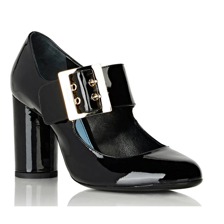 New style luxury loafer black leather and striped upper buckle strap pointed toe chunky high heel women mary jane pumps shoes