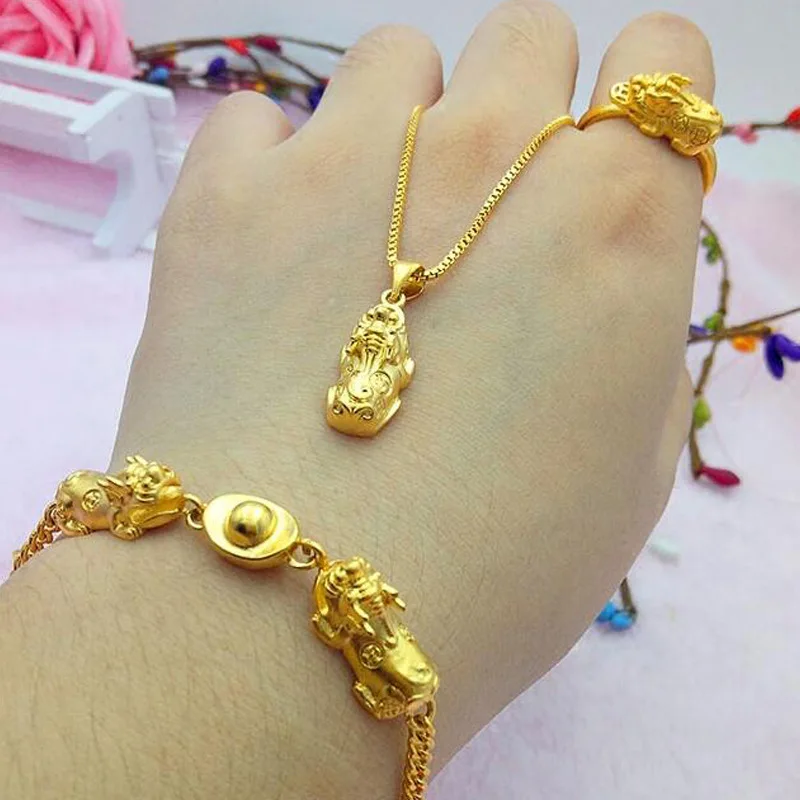 Vietnam Alluvial Gold Women Jewelry No Fade Brass Golden Pixiu Rings Bracelets Charms Necklace Jewelry Set