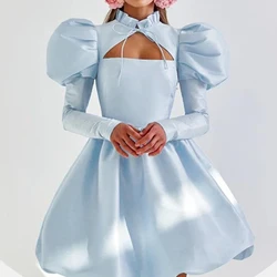 custom designer fashion summer elegant modest wholesale one piece lady cut out puff sleeve satin Prom Female mini dress women