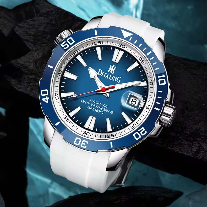 DITALING Stainless Steel Men Wrist Watch Diver Waterproof Rubber Strap Automatic Watches