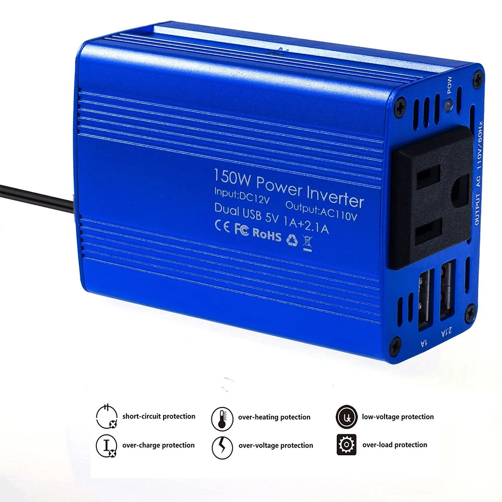 150W Power Inverter DC 12V to 220V AC Mini Car Inverter with 4.2A Double USB Car Adapter
