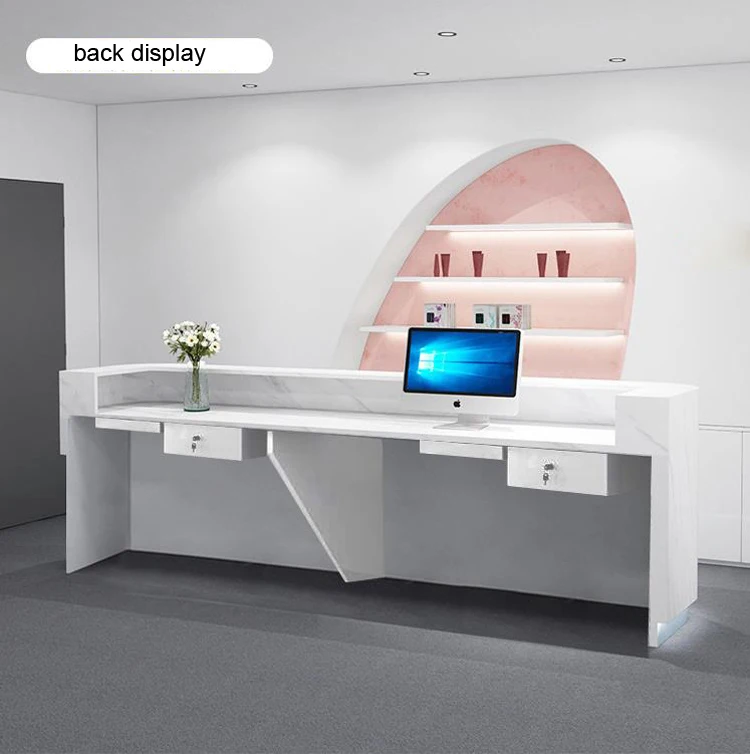 Custom Logo White And Blue Hotel Lobby Front Desk Reception Salon Reception Podium Desk