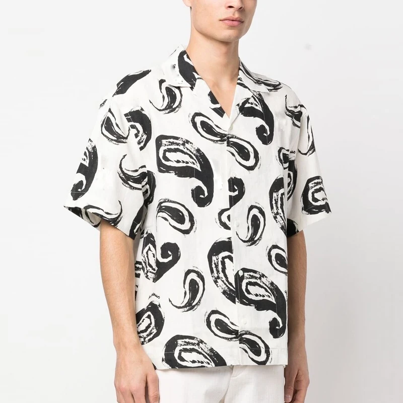 Wholesale Short Sleeve Flower Summer Shirts Men White Beach Wear Hawaiian Shirt Jean paisley-print shirt