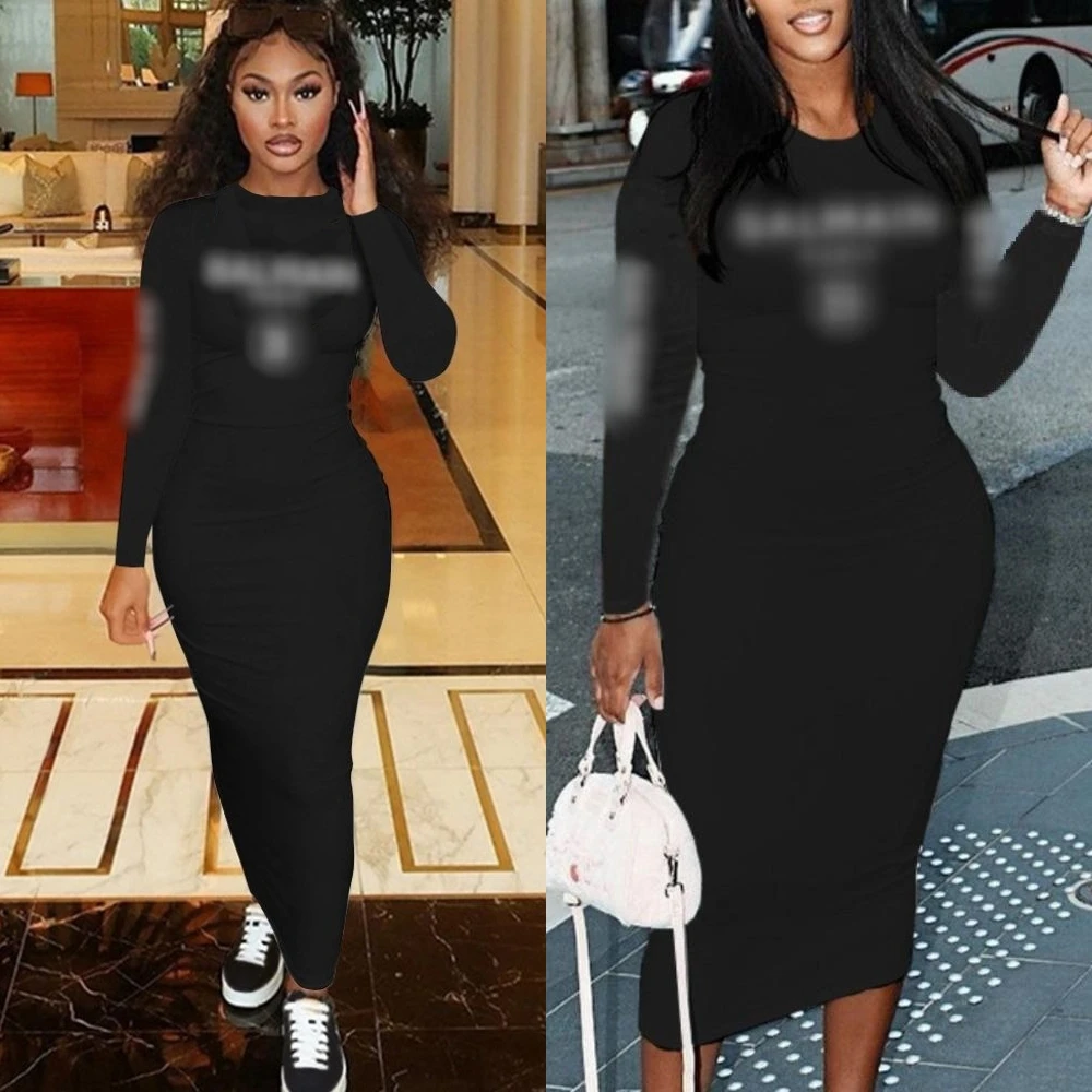 Wholesale designer clothing black fashion long dress long sleeve midi dresses women