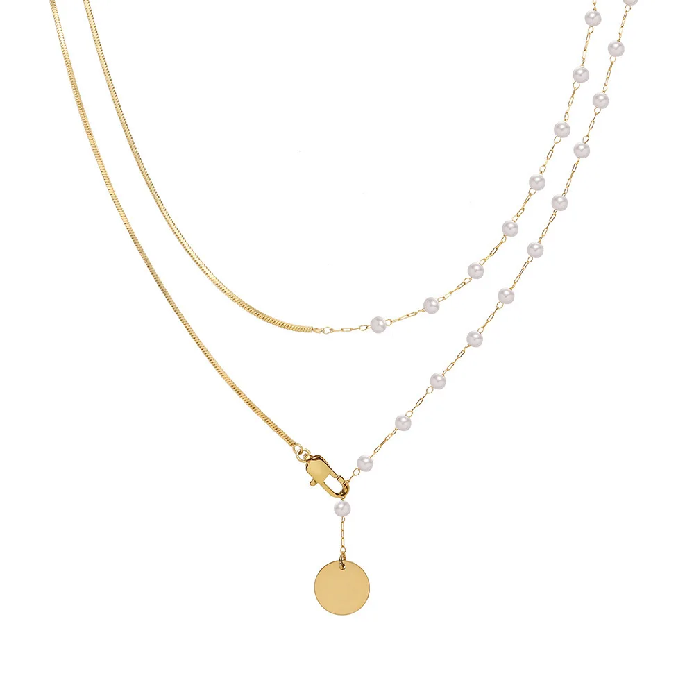 Fashion Single and Double Layer Jewelry 18K Gold Plated Stainless Steel Long Chain Imitated Pearl Necklace For Women