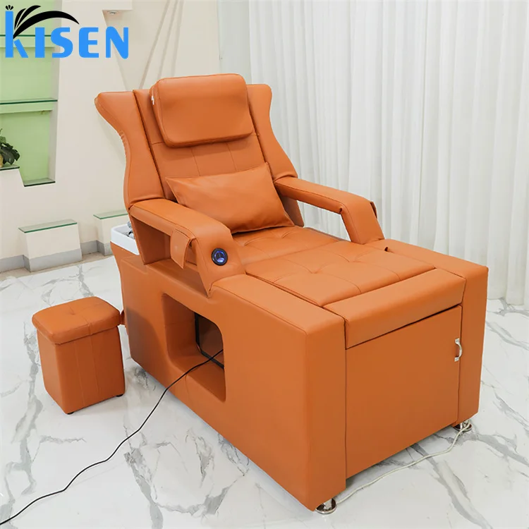 Kisen high quality orange beauty salon furniture electric washing massage chair shampoo bed with water circulation steamer