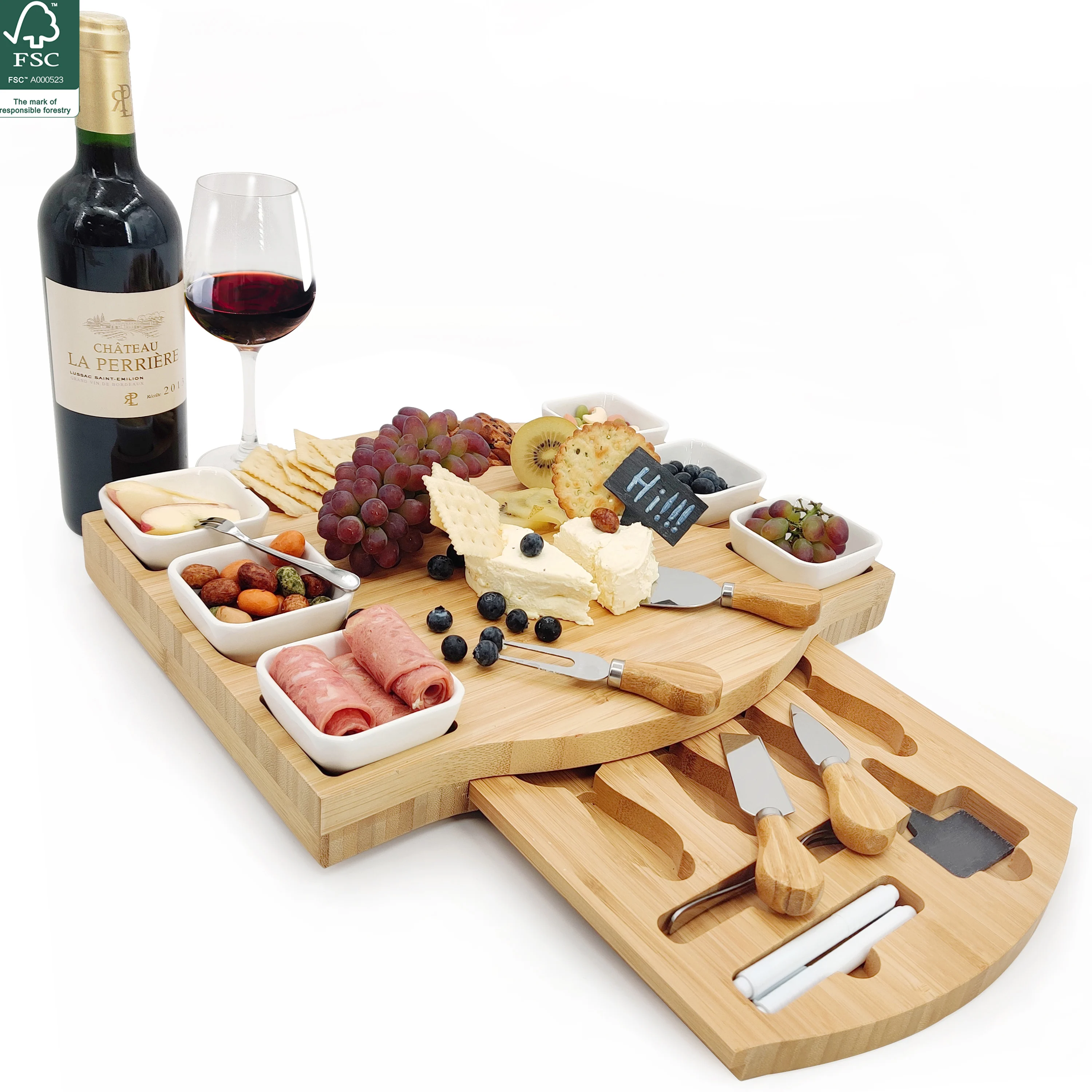 YCZM Large Bamboo Cheese Cutting Plates Board Set and Knife Set With Hidden Slide Drawers Wood Charcuterie Platter Board