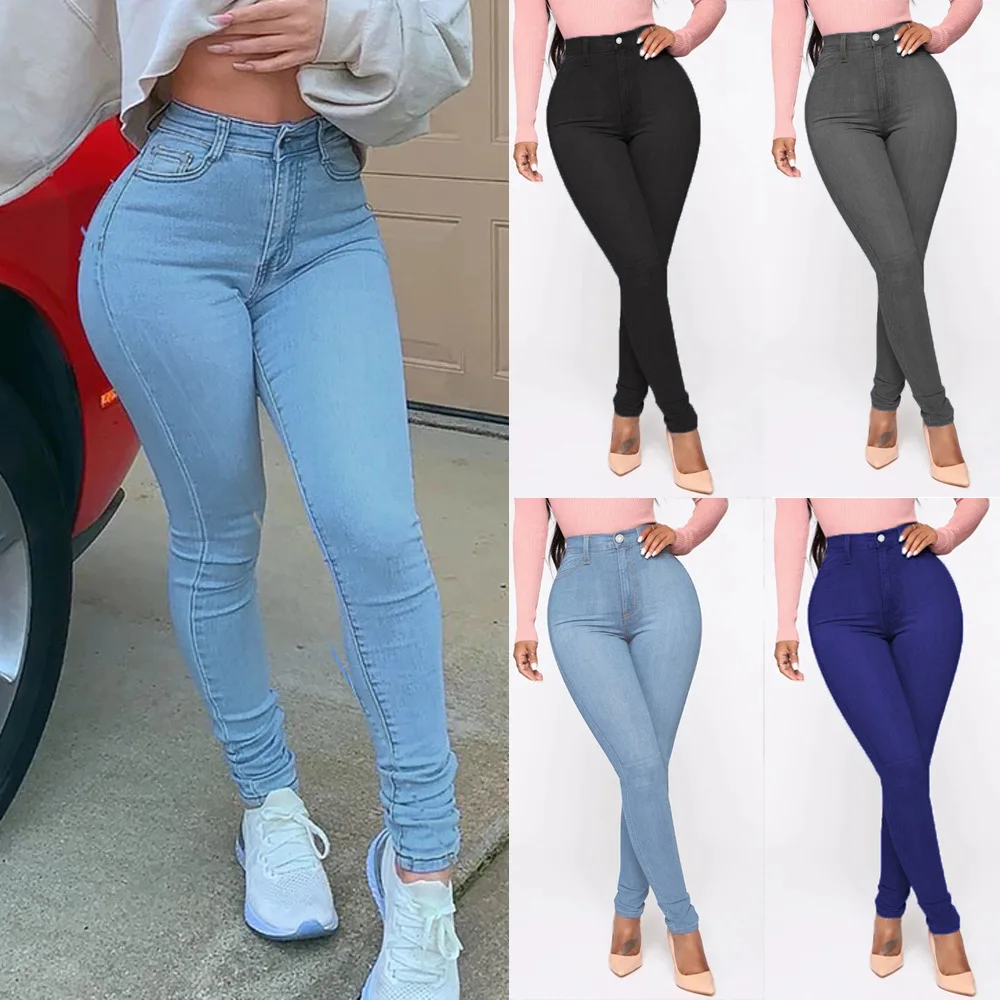 Wholesale Custom Blue Black Stretch Mid Waist Skinny Slim Jeans Denim Pants Trousers Girl Women Pencil Jeans Pants