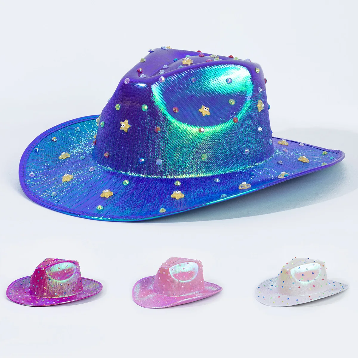 2024 New Style Fashionable Halloween Party Diamond Colorful Cowboy Western Jazz Hat Laser reflective Music Rave Magic Bucket Hat