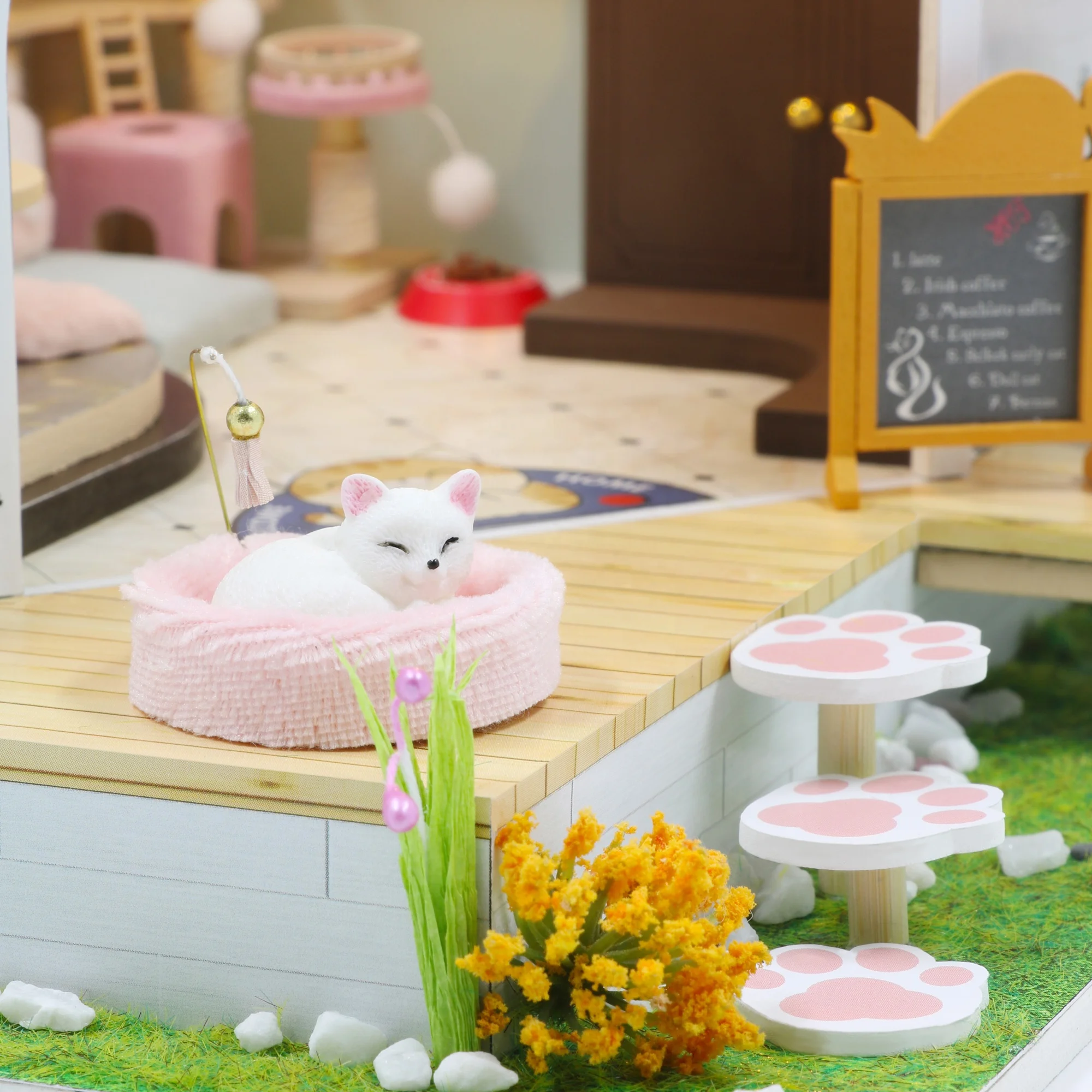 DIY Miniature Doll House Flower Cat Coffee Garden