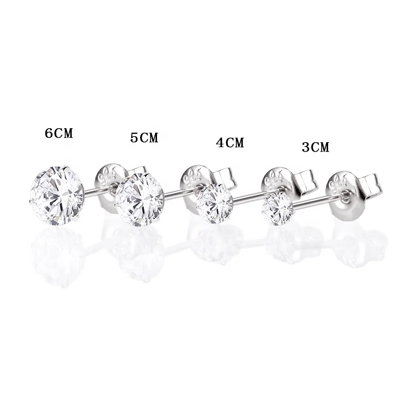 Cubic Zirconia 3mm 4mm 5mm 6mm 7mm 8mm Silver Earring Set Hypoallergenic Round Shape Diamond Rhodium Plated Stud Earrings