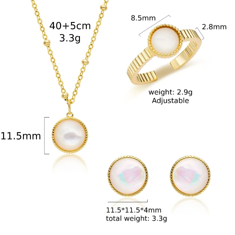 VANA Italian Vintage White Mother of Pearl Bead 925 Sterling Silver Minimalist Gold Plated Necklace Earring Ring Jewelry set