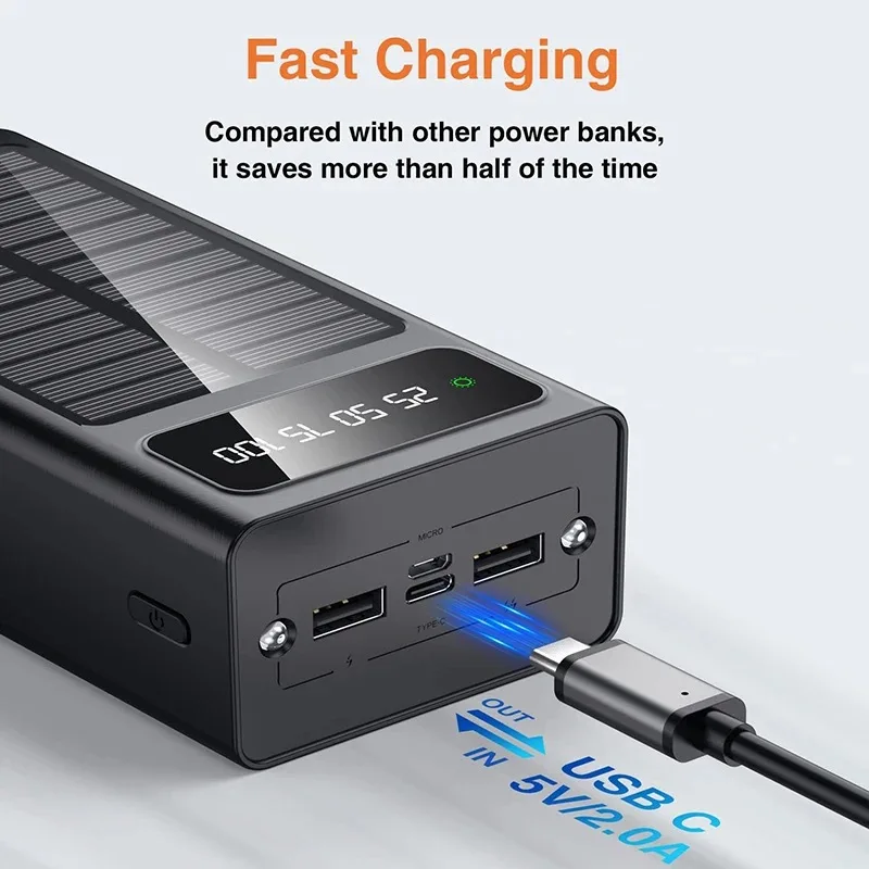 Hot 30000MAH Solar Power Bank Built-In 4-Wire With Dual USB Ports Fast Charging LED Digital Display With Camping Lights