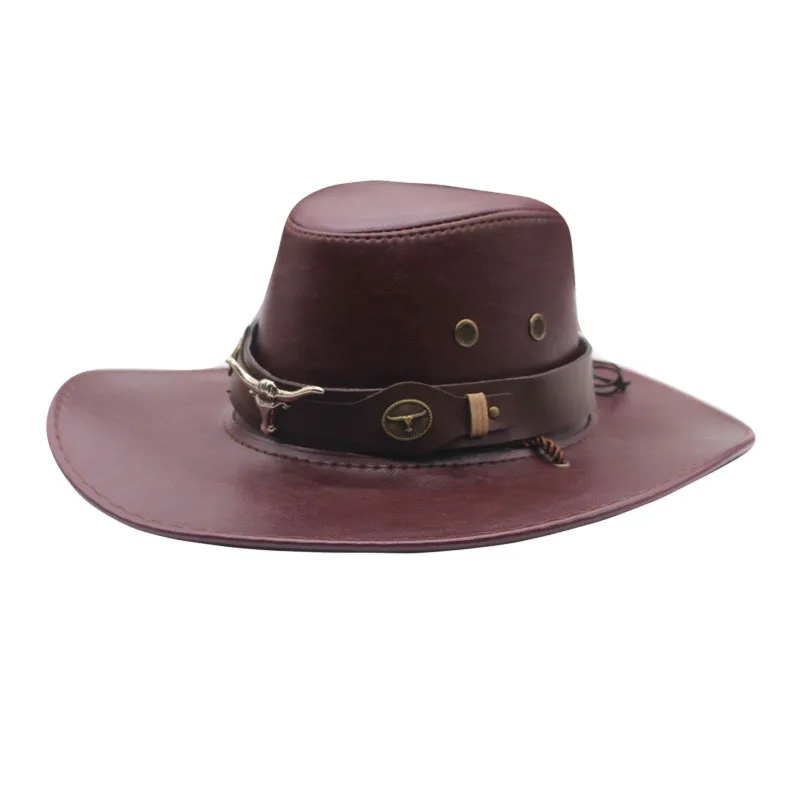 Western Costume Party Unisex Cowgirl Hat Leather Handmade Cowboy Hat With Bull Horn Belt