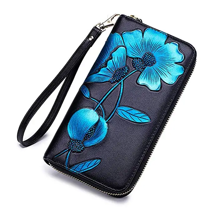 Women grain cowhide Wallet Hand  beautiful design Painted Flowers Ladies Wristlet Wrist strap Long Purse
