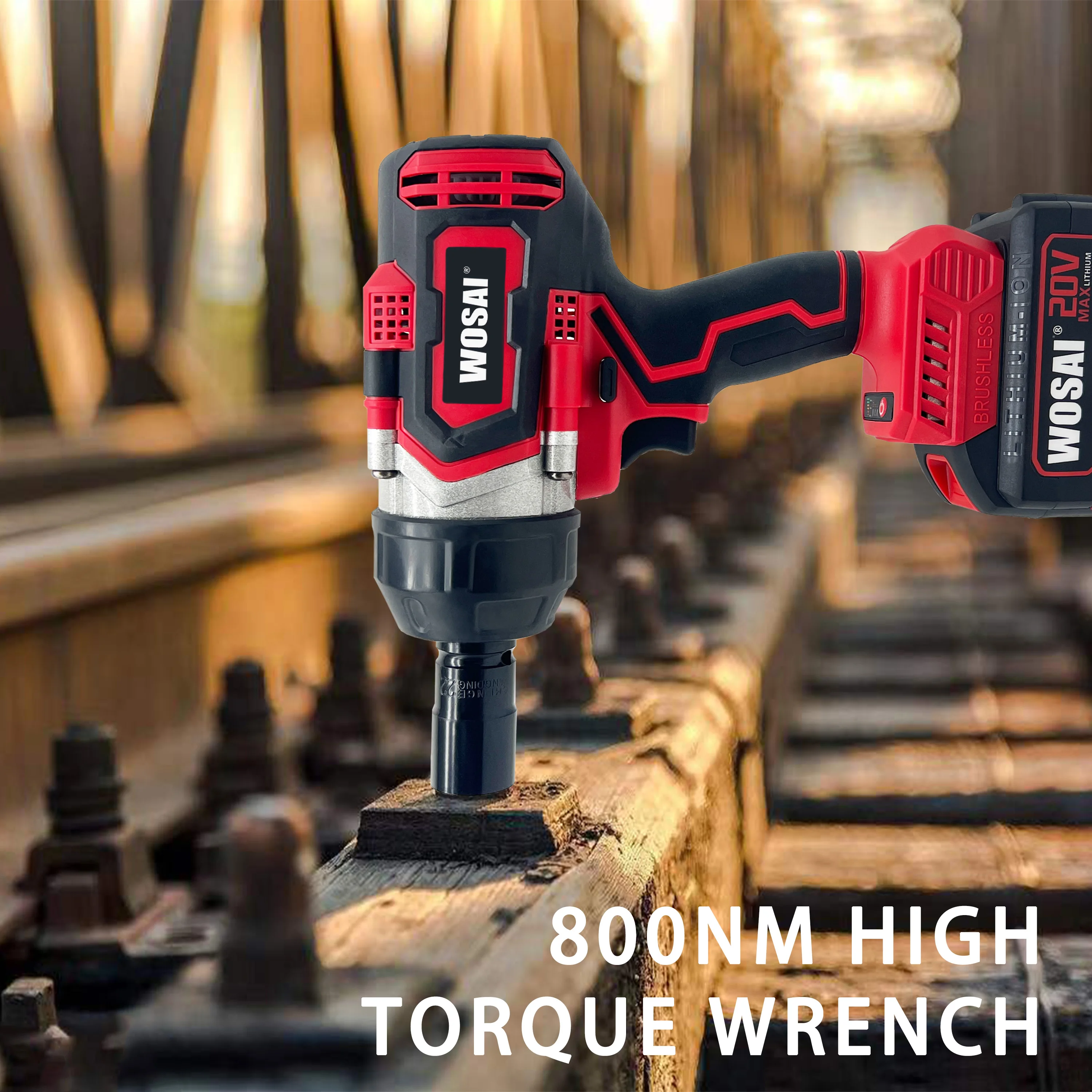 WOSAI New Arrival 20V Cordless Brushless Electric Battery 1/2 Impact 800NM High Torque Brushless Wrench