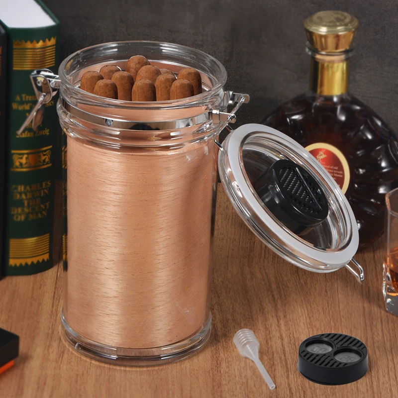 Creative Travel Cigar Humidor Acrylic Cigar Jar with Hygrometer and Humidifier
