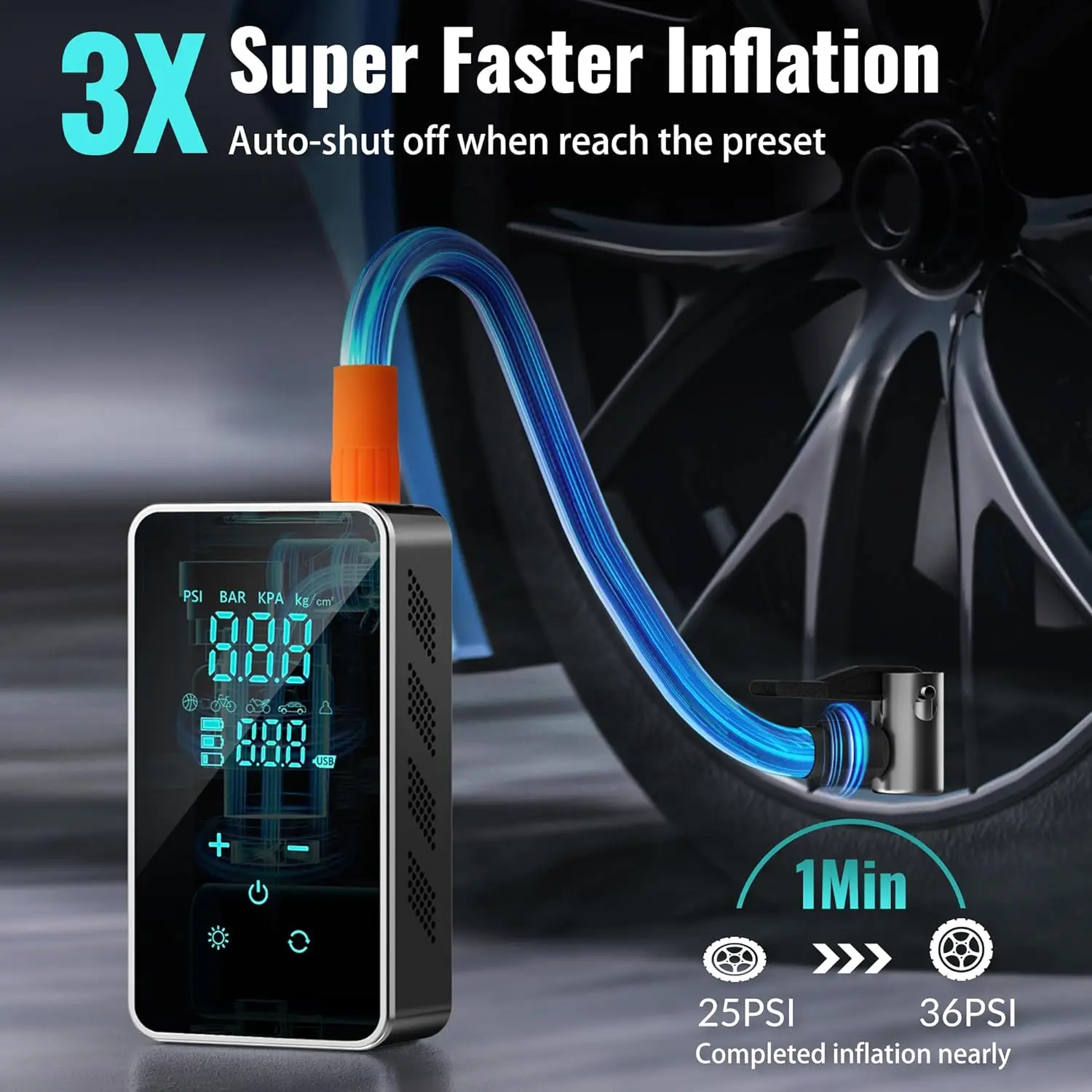LED large full touch screen multipurpose portable air compressor wireless car tire inflator super fast inflation with SOS light