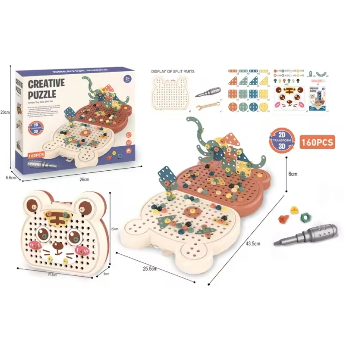New design children educational 160pcs cartoon bear creative diy puzzle screw assembling toy toolbox set