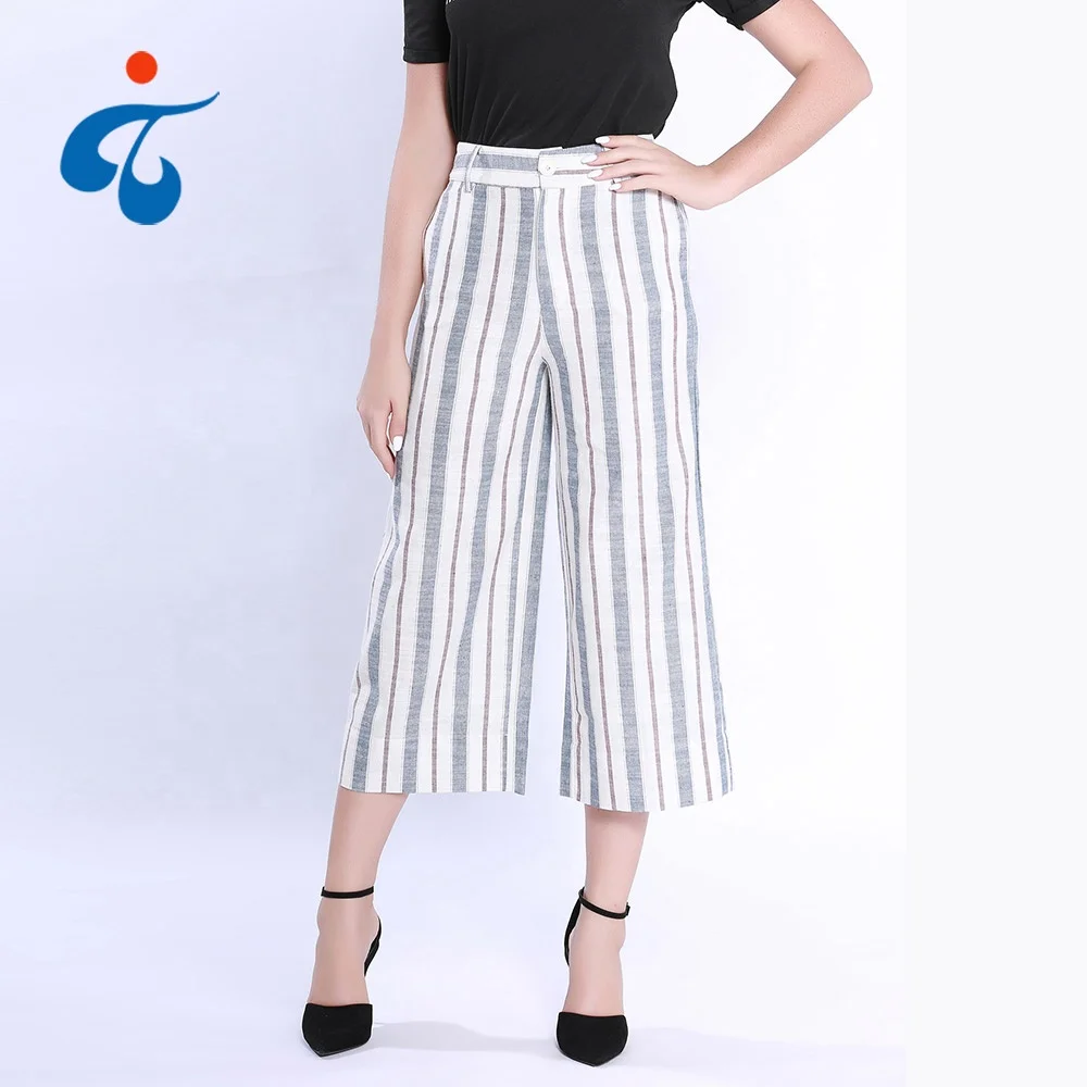 Wholesale oem striped casual cotton latest fashion wide leg trousers pants designs for women