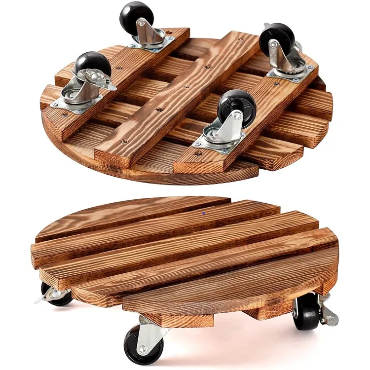 Hot sale wooden 2 pack plant stand roller caddy 12 inch heavy duty rolling pot dolly garden plant holder mover with wheels