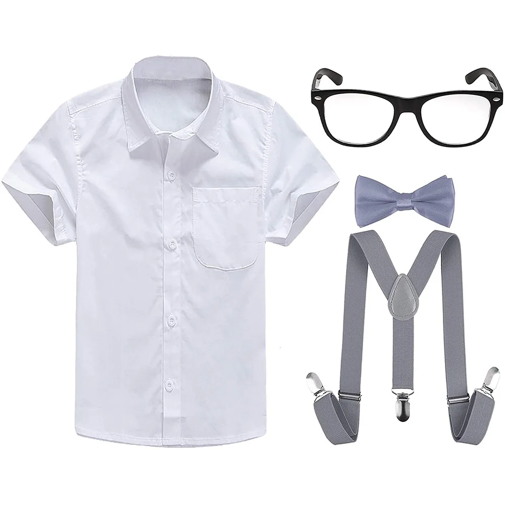 Boys Short Sleeve Dress Shirts w/Suspenders and Bow Tie,Nerd Fake Glasses for School Uniform Oxford Shirts