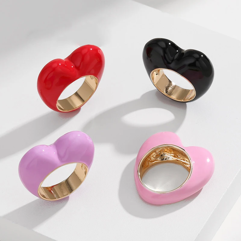 KJ Valentines Day Love Peach Ring Original Design Pink Red Black Heart Hollow Alloy Enamel Ring