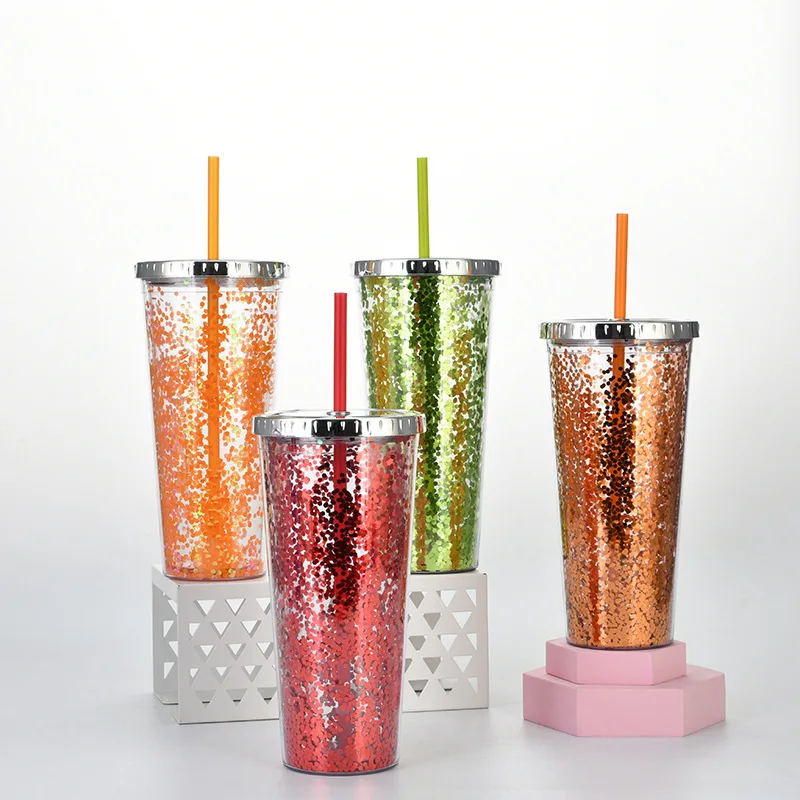 2022 new 24oz straw cup glitter water cup cold drink cup 20oz skinny tumbler clear double wall plastic with plating cover
