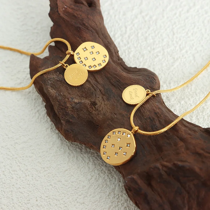 Circle Pendant Necklace 18K Gold Plated 316L Stainless Steel Snake Chain Diamond Inlay Letter Double Round Plate Necklace