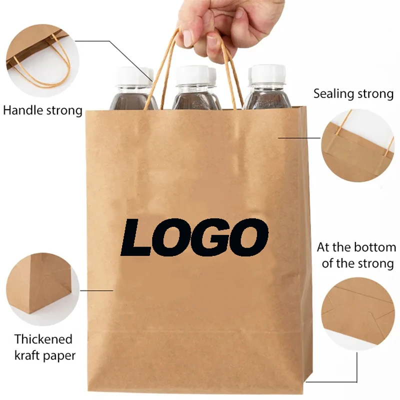 Manufacturer Whole Sale Recyclable Kraft Paper Bag With Rope Handle With your Own Logo for Take Out Food