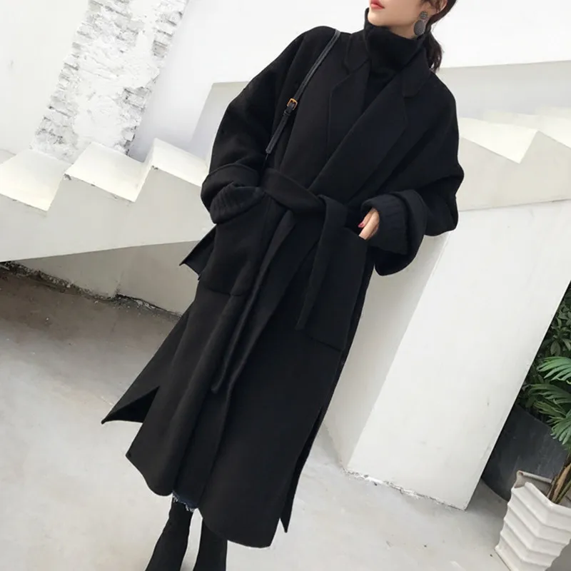 Wholesale Autumn Wool Winter Coats Women with Belt Lapel Solid Color Loose Cardigan Elegant Long Wool Coat For Women