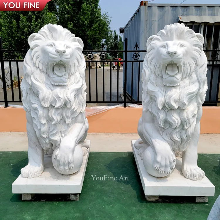 Outdoor Garden Hand Carving Animal White Marble Sitting Lion with Ball Statue Sculpture