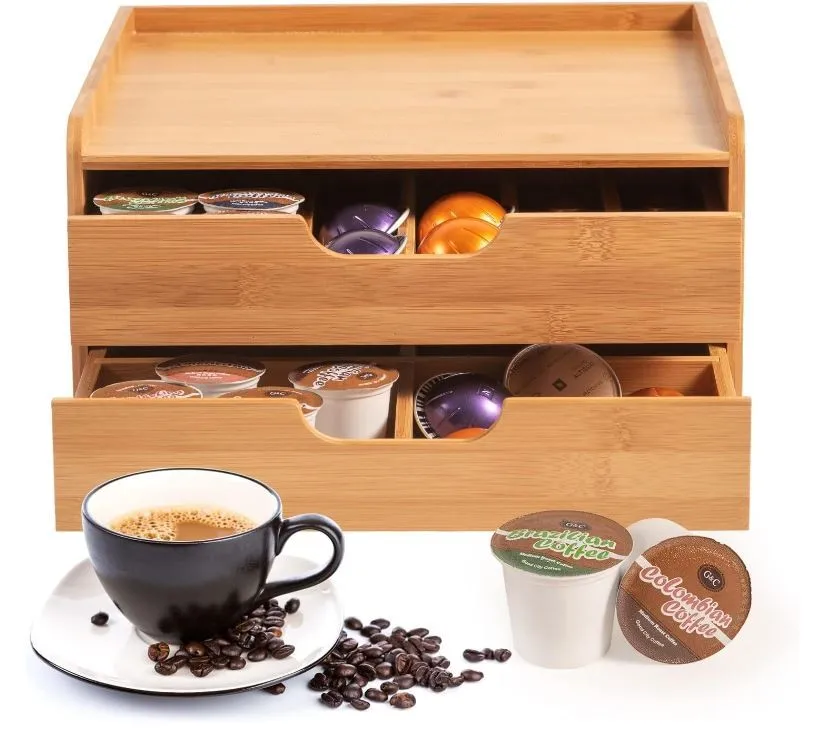 custom Bamboo Coffee Pods Holder Storage Compatible with Keurig K Cup Espresso Pods Tea Bag Organizer Drawer with Lip Panel