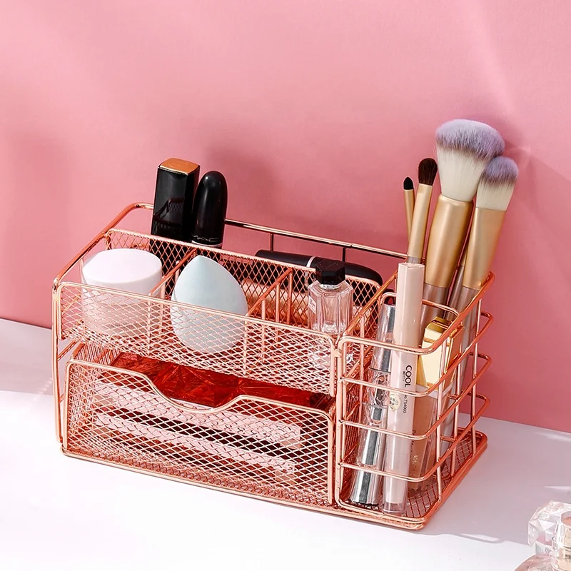 7 Storage Metal Rose Gold Mesh Desk Organizer Pen Holder Stationery Collection For Office School