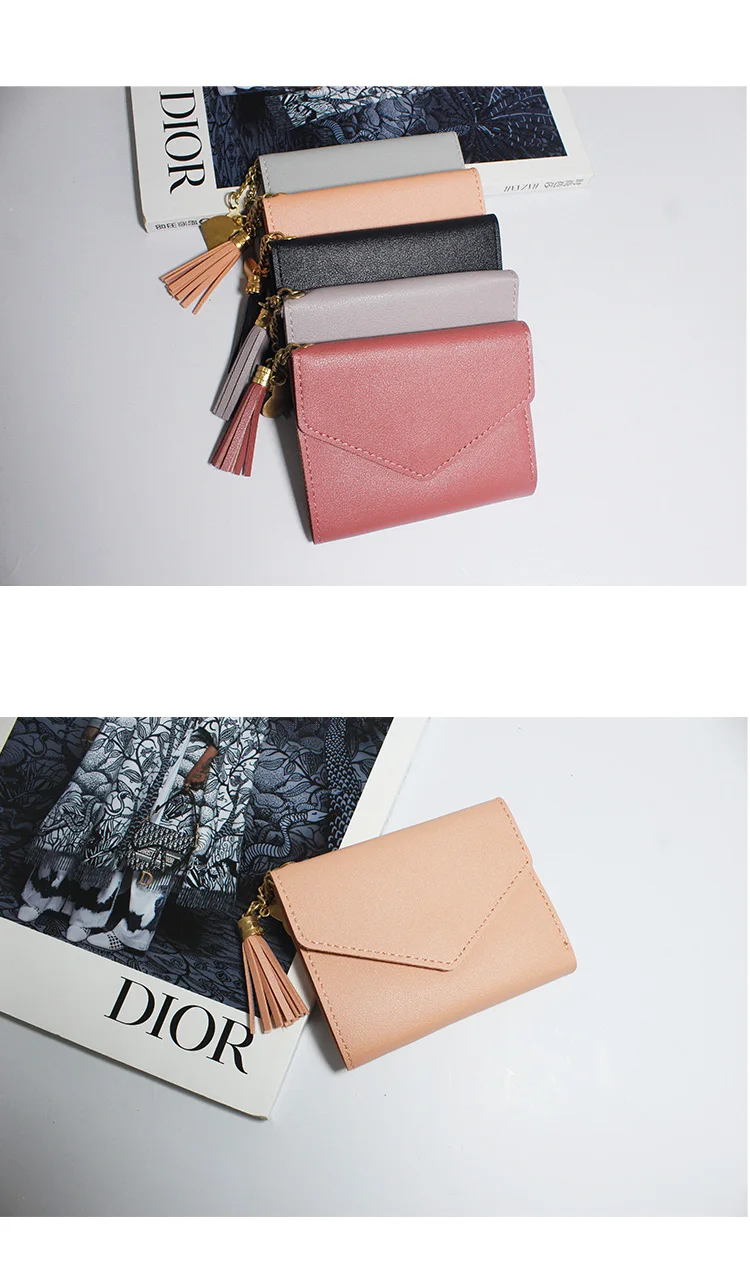 Minimalist Small Short Cheap Student kids Mini Cute Slim Leather Tassel Wallets