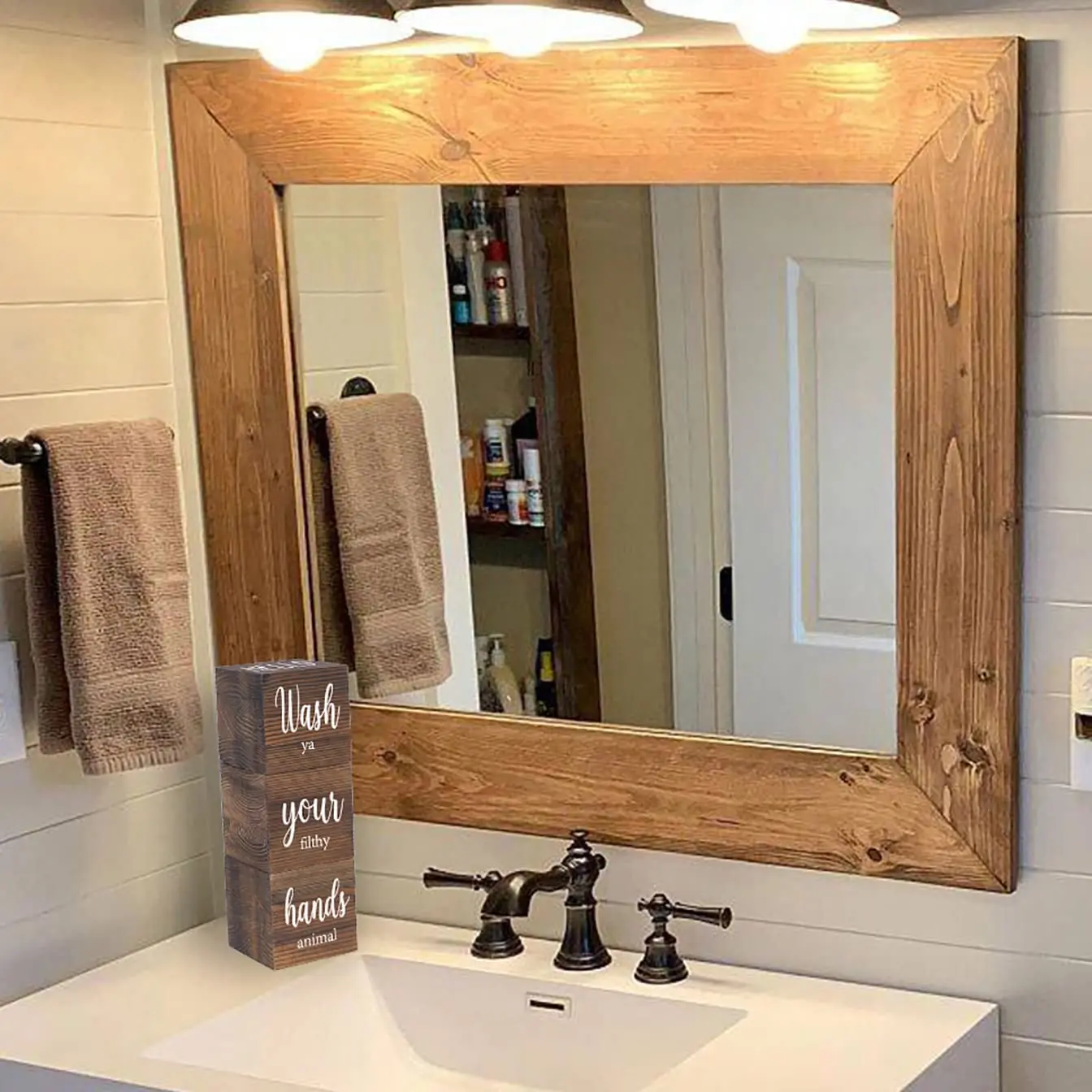 Restroom Farmhouse Decorations 4 Sides-Nice Butt&Get Naked&Hello Sweet Cheeks&Wash Your Hands Wooden Block Decor