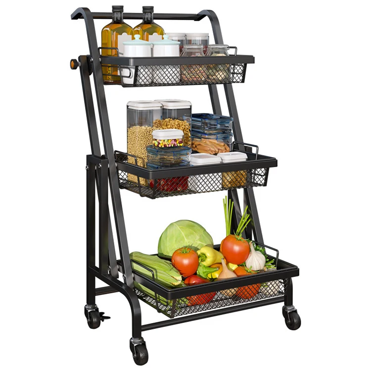 Folding, stretching, rotating wheelbarrow kitchen vegetable floor multilayer shelving storage rack