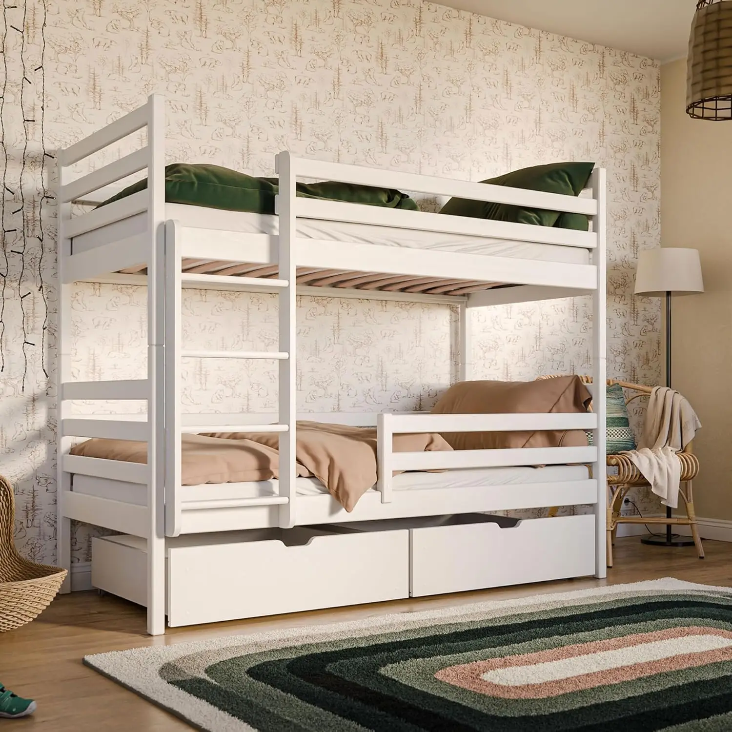 Loft Bed 90 x 200 cm with 2 Drawers, Bunk Bed with Fall Protection and Slatted Base, Transformable into Two Beds for Children