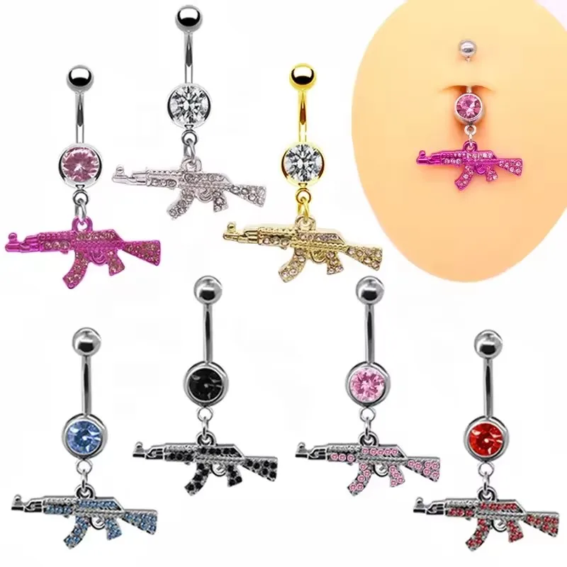 Getta gun design stainless steel navel ring crystal pink  diamond belly button ring sexy  body piercing jewelry for woman man